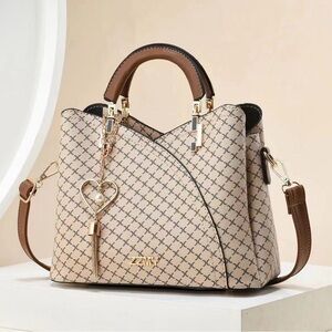Beige Pattern Crossbody Handbag with Strap & Charm Structured Purse